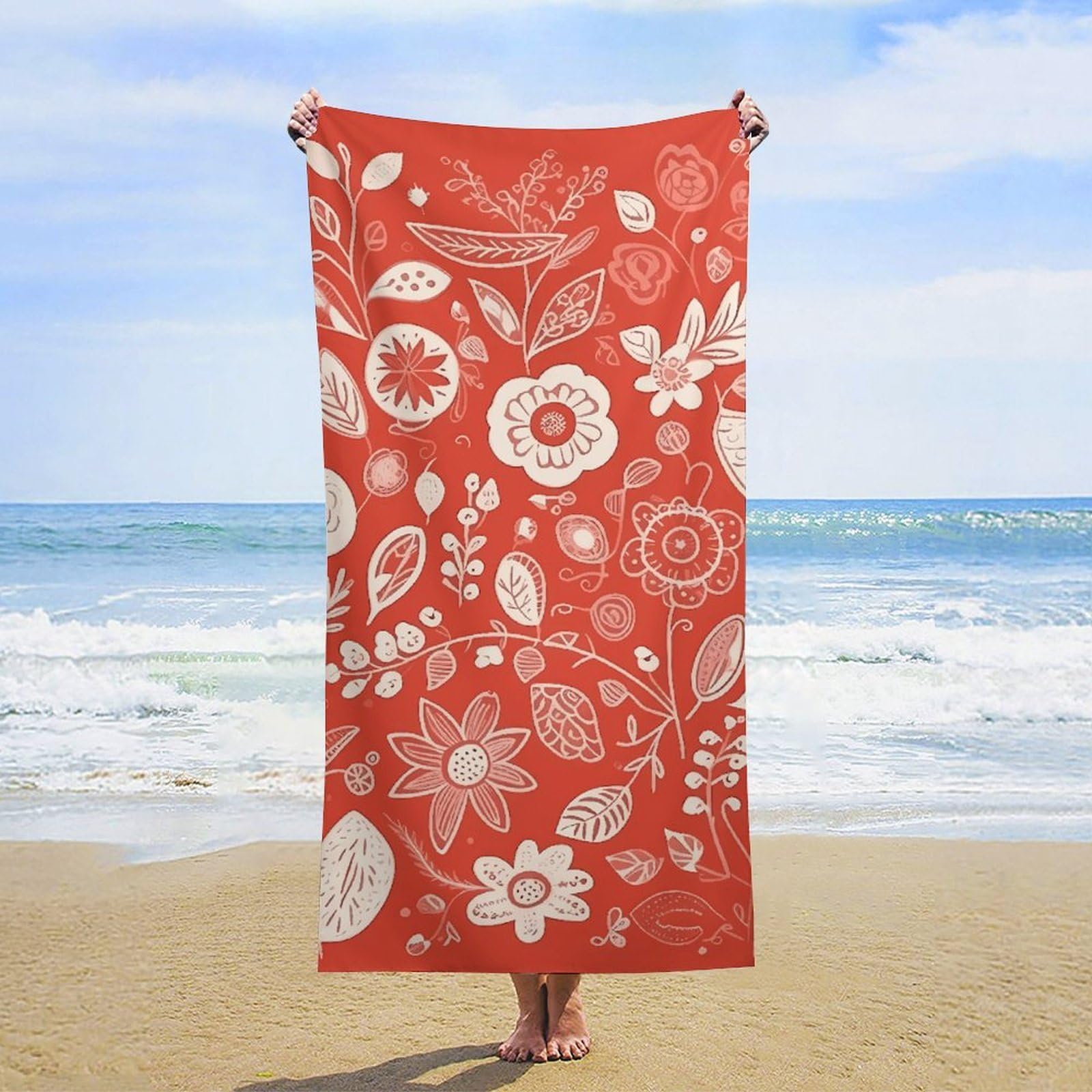 NTVOWPZO Flowers on Red Background Beach Towel Oversized Microfiber Bath Towels Lightweight Sand Proof Beach Towels Absorbent Pool Towels for Swimming Yoga Bathroom Towel 31.5" X 63"