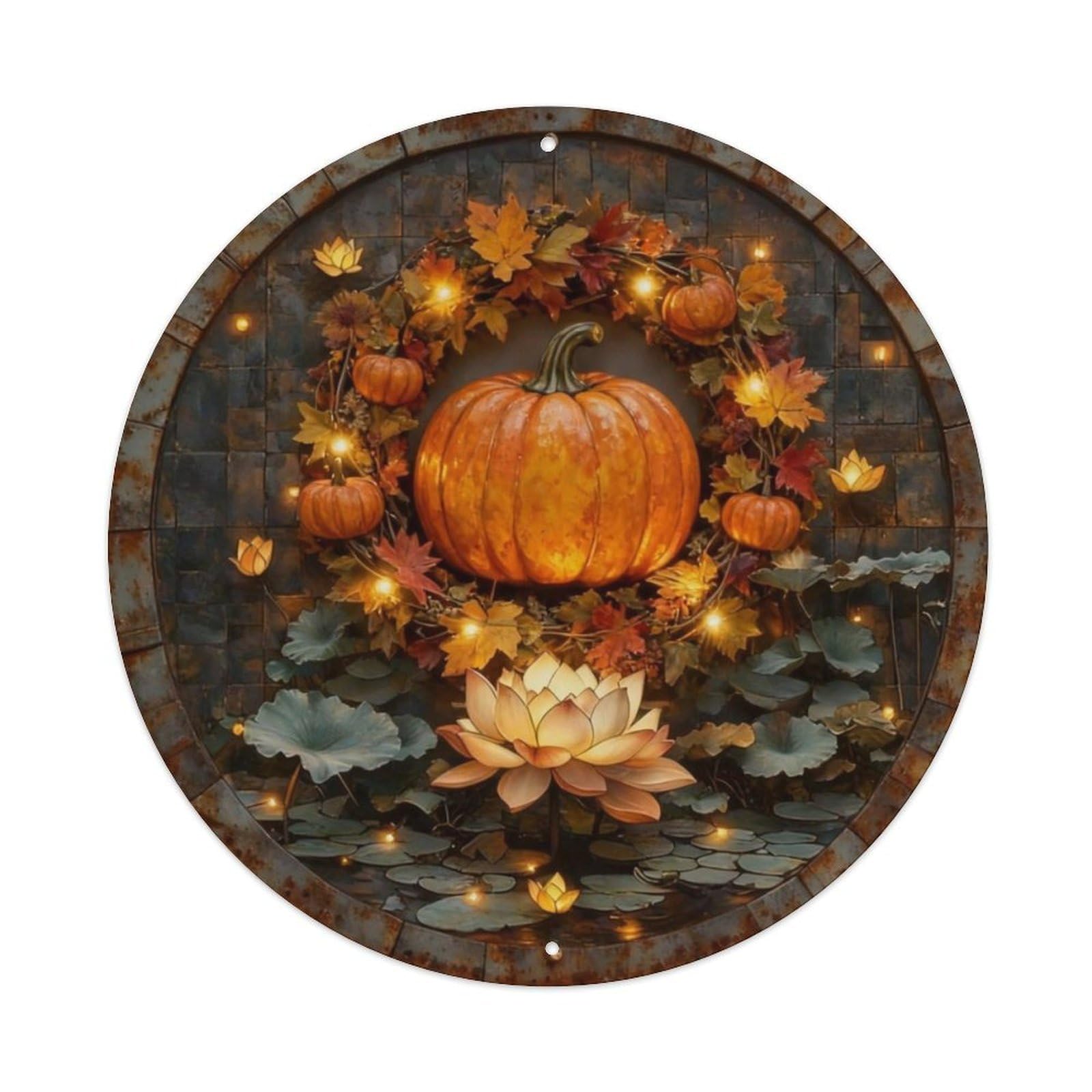 Orange Pumpkin Fall Wreath Metal Tin Sign Plaque