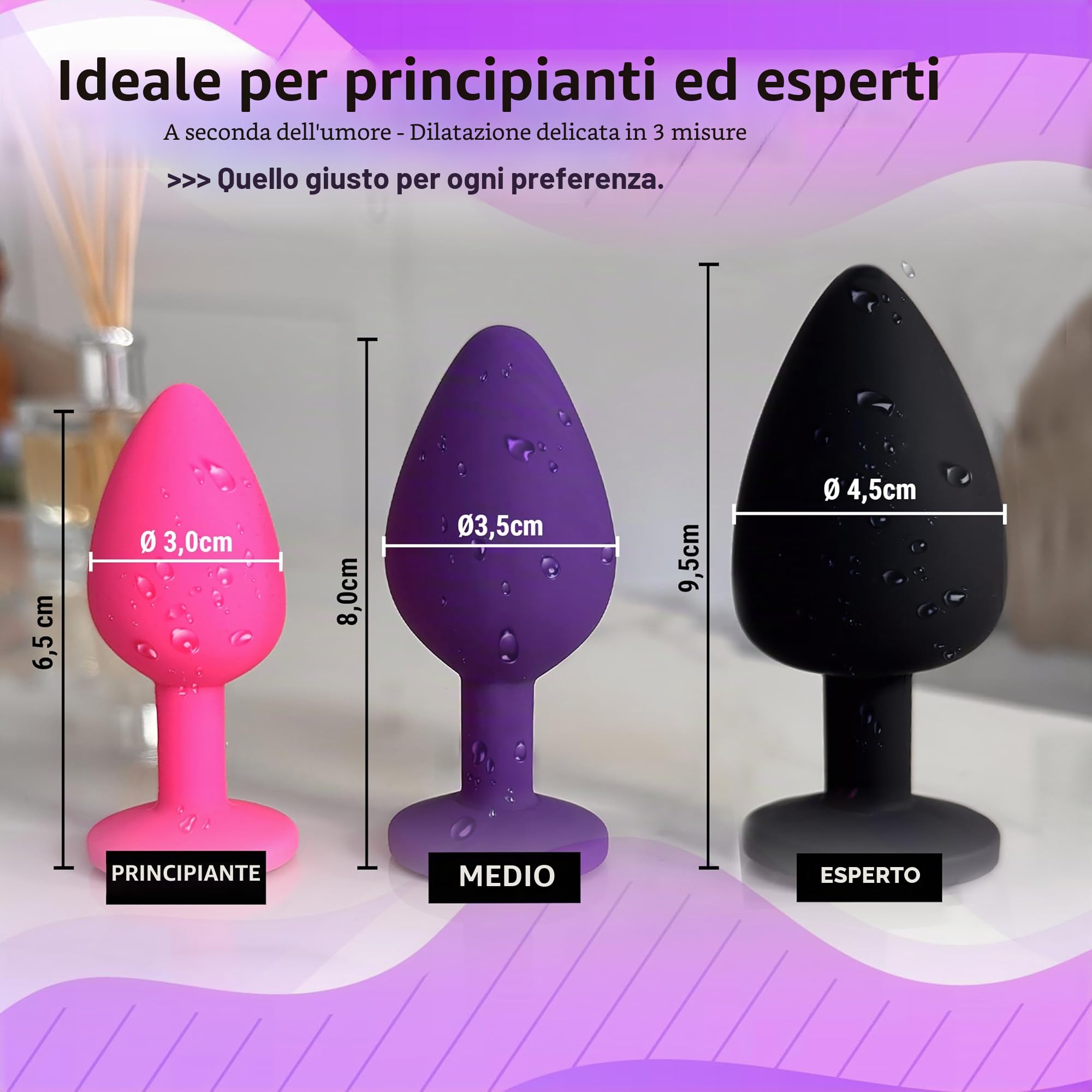 3x Butt Plug Anale Silicone Spina Anale Set Ø 30 mm, Ø 35 mm, Ø 45 mm, da Donna o Uomo, S + M + L Rosa + Porpora + Nero