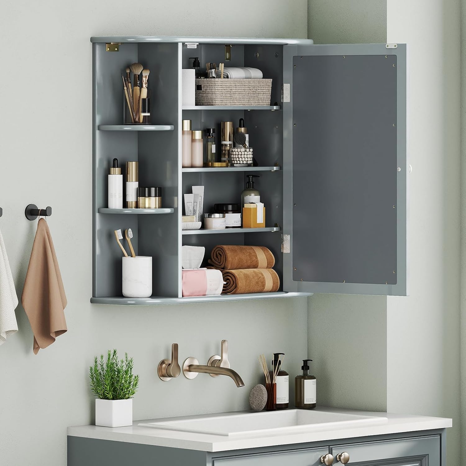Giantex Bathroom Mirror Cabinet, Wall Mounted Medicine Cabinet with Mirrored Door & 4 Interior Shelves, 6 Open Shelves, Mounting Hardware, Space-Saving Storage Cabinet