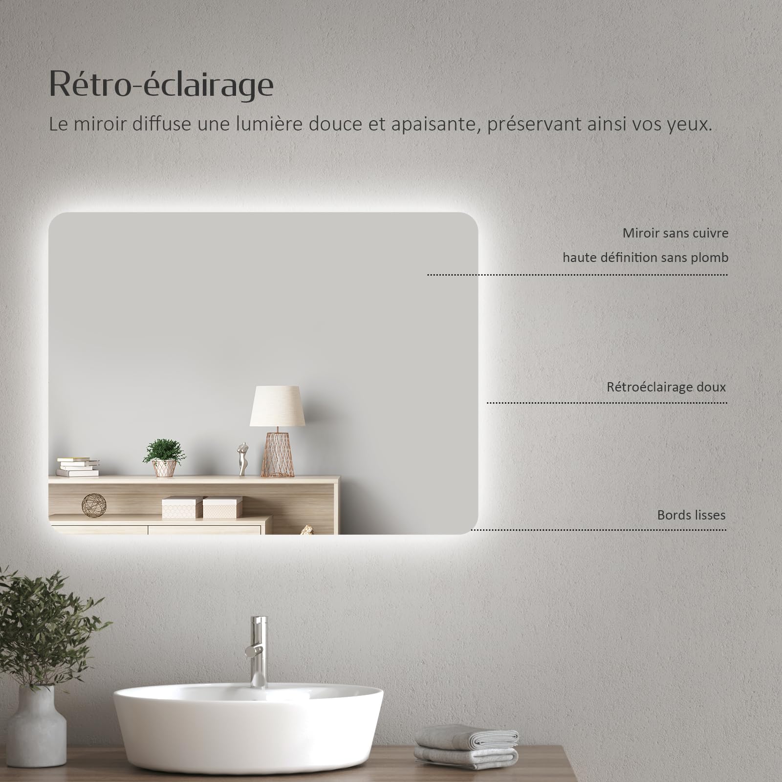 Miroir De Salle De Bain Avec éclairage LED EMKE 40x60 Cm – Anti-buée, 2 Couleurs De Lumière, IP44 – Installation Horizontale Ou Verticale