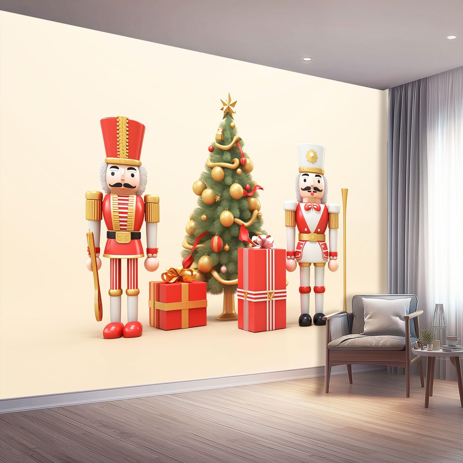 Świąteczne murale ścienne do salonu, dziadek do orzechów, złote dzwonki, fototapeta, 350 x 256 cm (szer. x wys.), kremowa, dekoracja ścienna, plakat do sypialni, jadalni