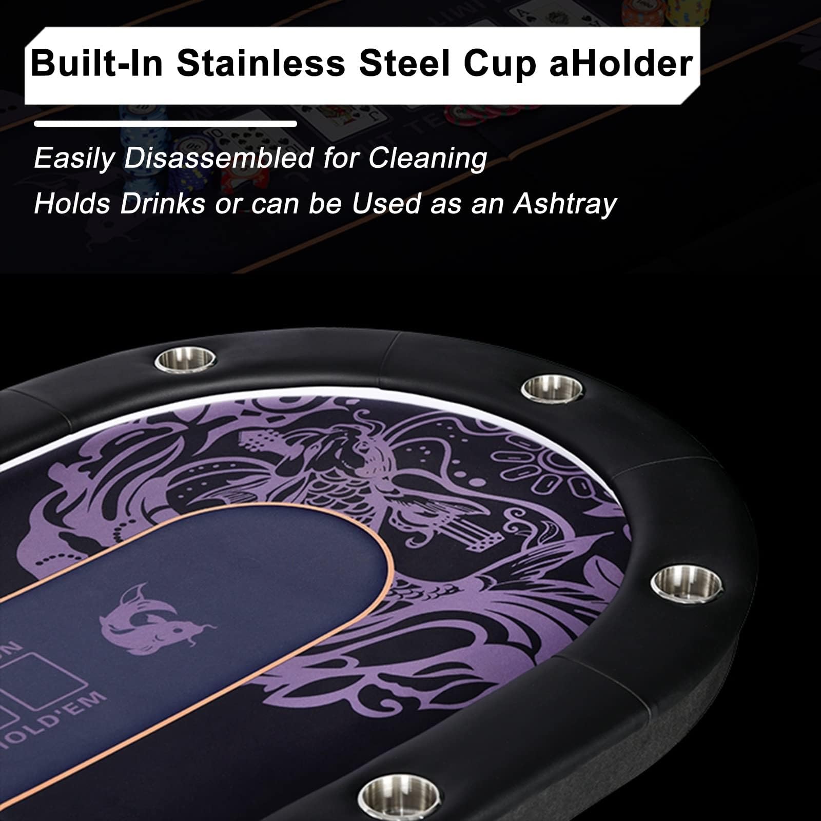 Tavolo da poker pieghevole per 10 giocatori con luci LED blu, portabicchieri in acciaio inossidabile e gambe pieghevoli - Tavolo da casinò per Texas Holdem Poker