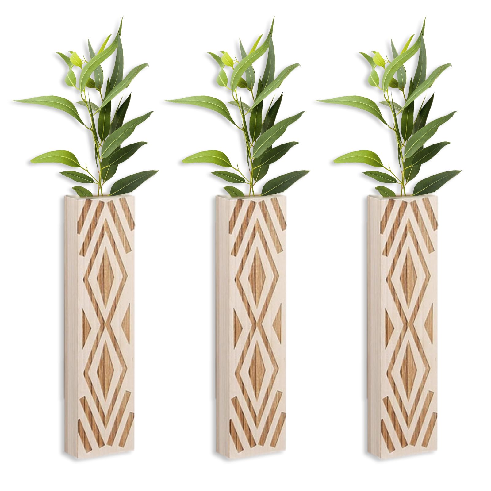 Set de 3 Jarrones de Pared de Madera - Plantadores Colgantes con Acabado Marrón Rústico, Decoración Moderna para Flores Artificiales y Plantas (A)