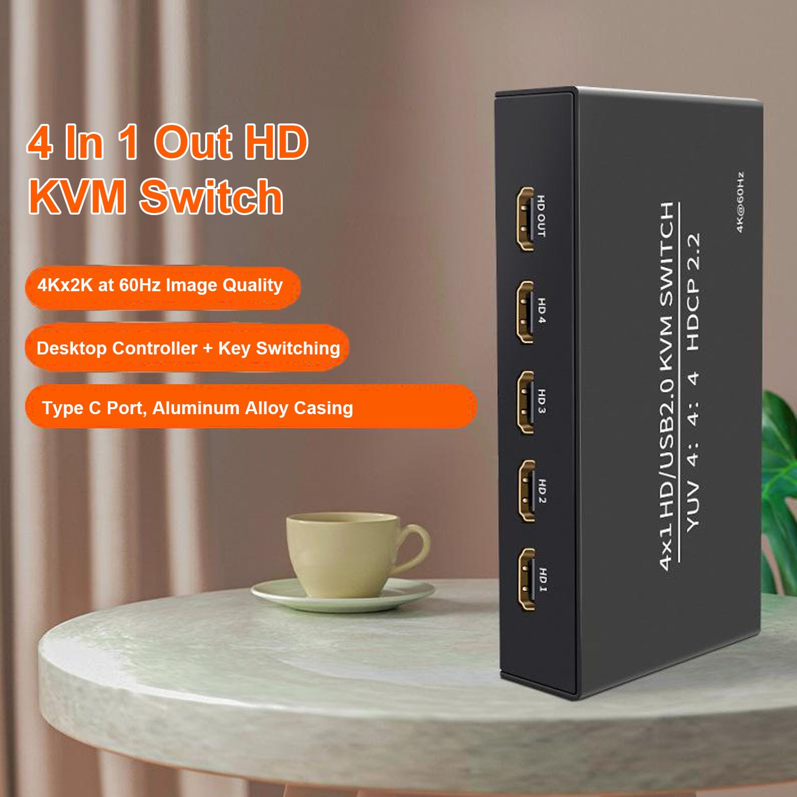 Sxhlseller Przełącznik KVM 4K 60 Hz HDMI do 4 Komputerów, 2 Tryby Przełączania, Adaptacyjny EDID, 4 Porty i Kable USB Typu C, Udostępnianie Jednego Monitora, Klawiatury i Myszy, Drukarki