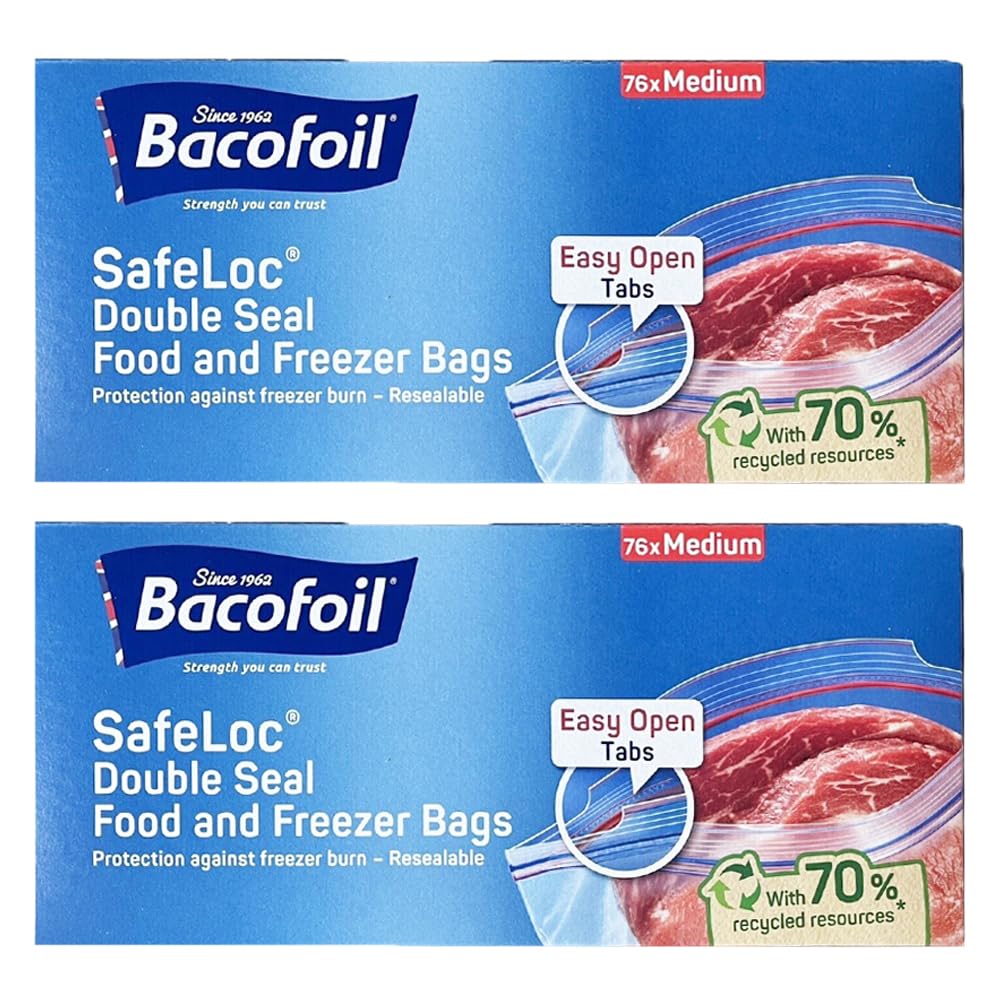 Welari Bacofoil Safeloc Double Seal Medium Food Freezer 76 Bags Pack Of 2 Resealable Washable Size 27X24cm Leftover Kitchen Waste Storage With Thank You Card | (2Pack) (152Bags)