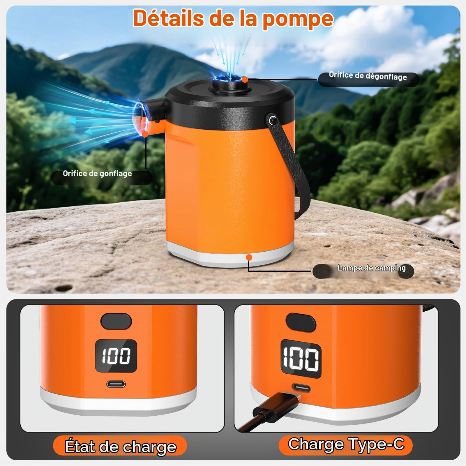 Gonfleur Électrique Portable avec Batterie 5000mAh,Pompe à Air Rechargeable USB-C pour Matelas Gonflable,3 Buses pour Matelas Gonflable,Piscine et Bouées