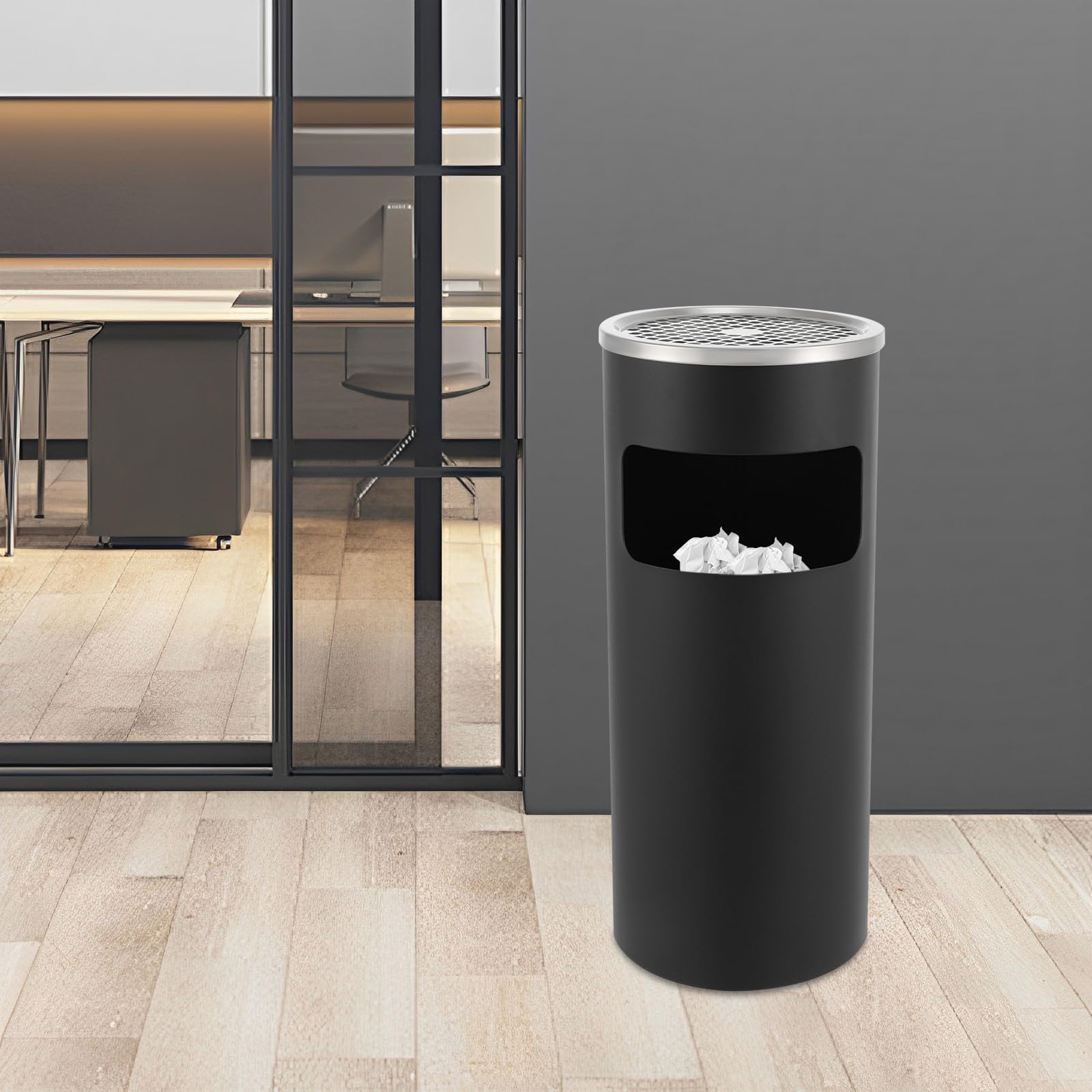 Cubo de basura de acero inoxidable de 15 l para interior/exterior, cenicero con rejilla de extinción, resistente a la intemperie, resistente a la corrosión, para restaurante, jardín, pub, club