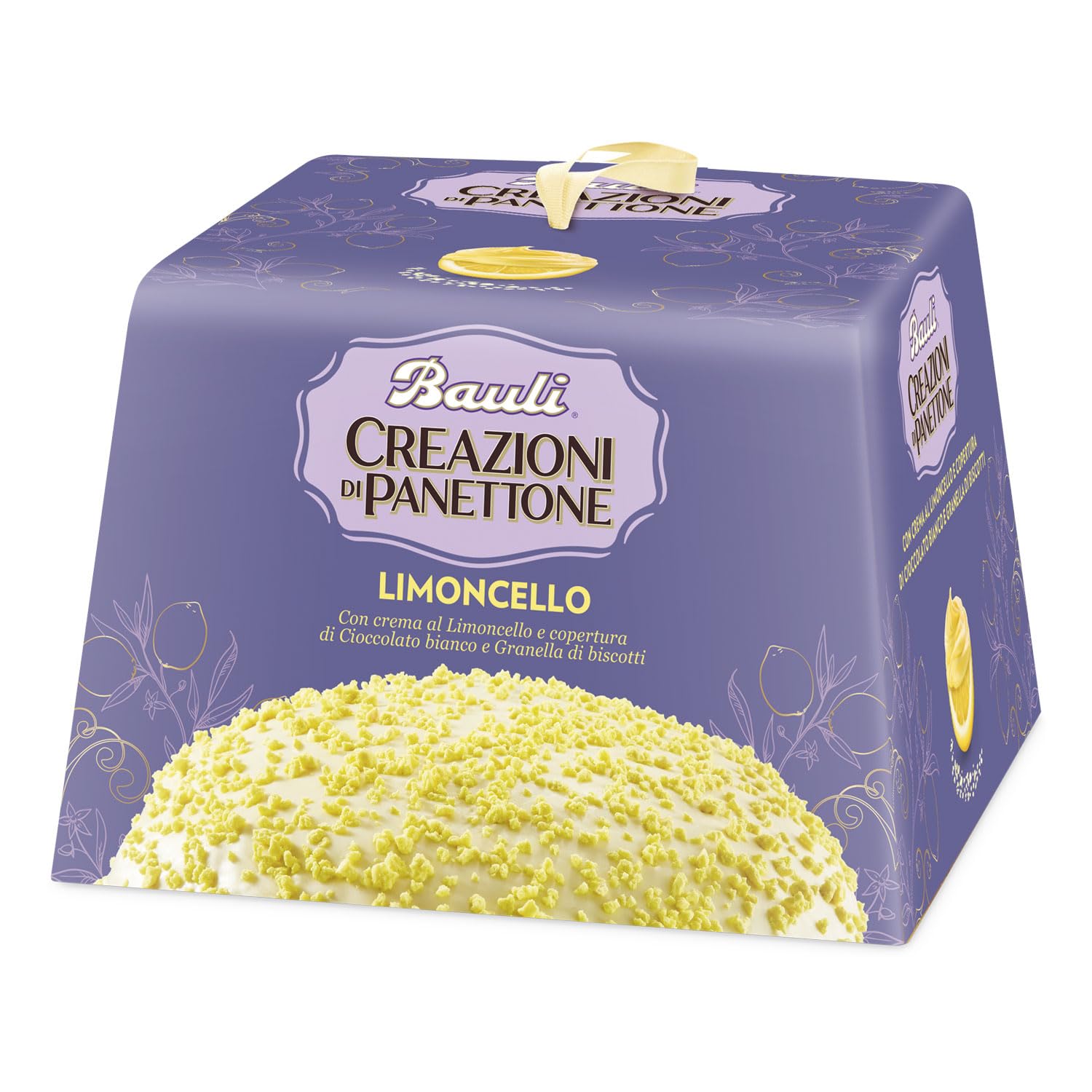 Bauli Creazioni di Panettone Limoncello Weihnachtskuchen mit Zitronencreme mit weißer Schokolade und Kekskörnern überzogen 750g