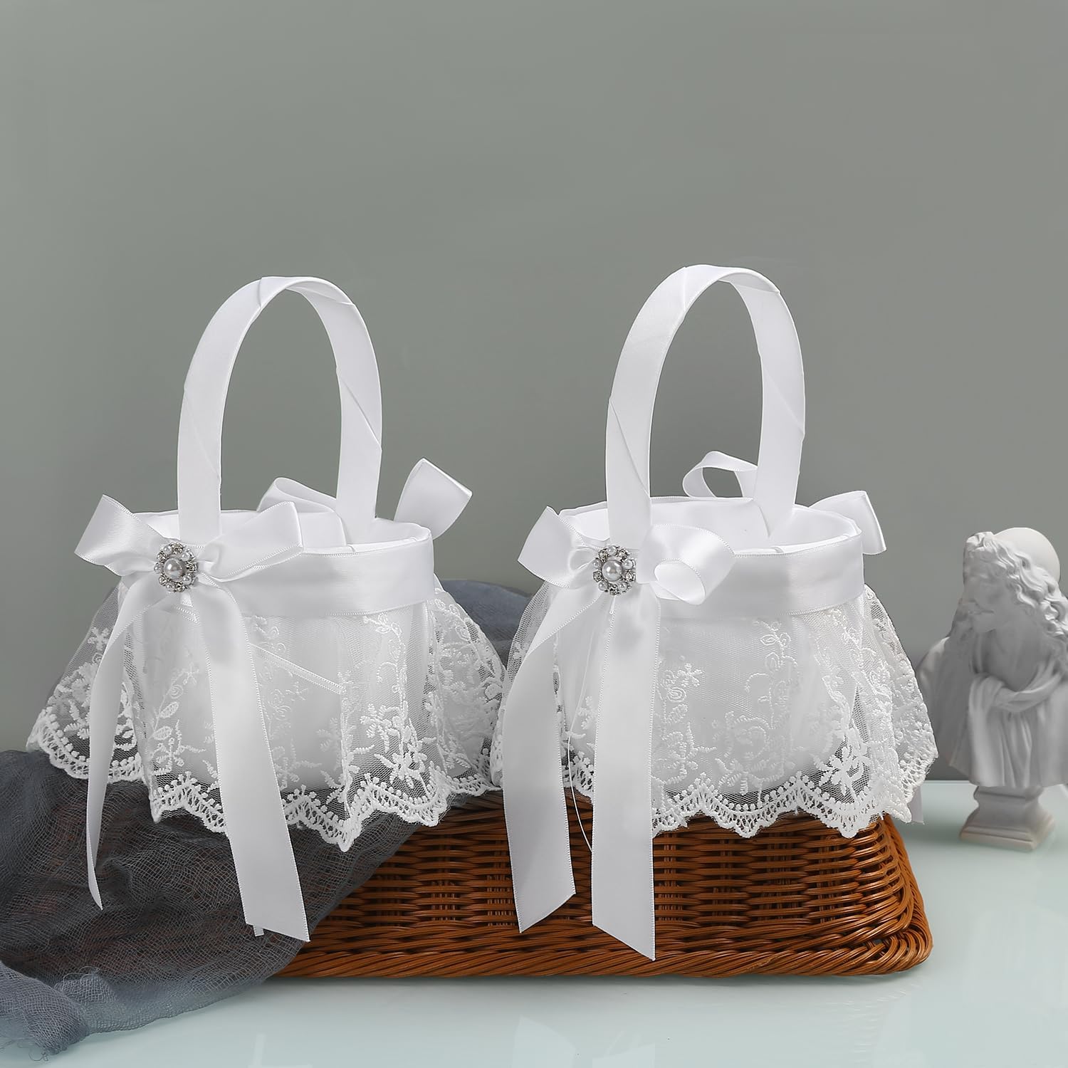 TRUE LOVE GIFT 2 Flower Girl Baskets and Ring Bearer Pillow Set with 500 pcs Silk Rose Petals for Weddings, Set of 4