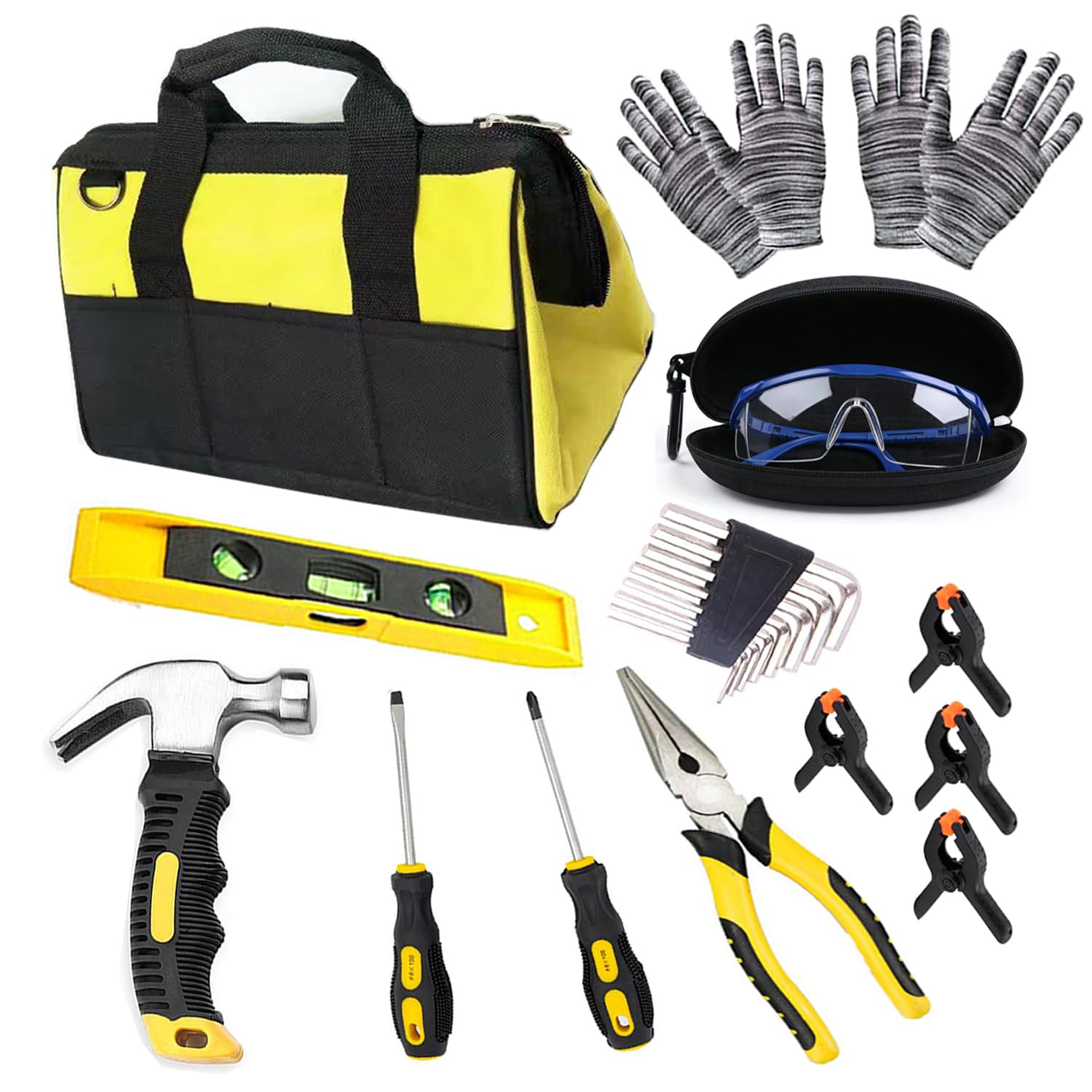 Juego de herramientas reales para niños, 24 herramientas de carpintería con bolsa de herramientas, incluye martillo de garra de 6 pulgadas, alicates, destornilladores, nivel, gafas de
