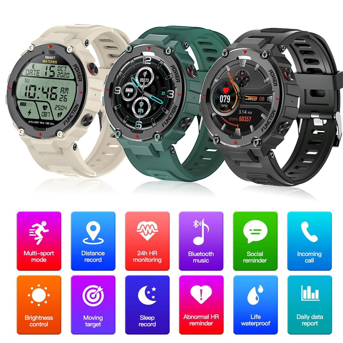 KANBUN Smartwatch dla mężczyzn i kobiet, monitor fitness z pulsometrem snu, 24 tryby sportowe, zegarek fitness, licznik kalorii, krokomierz, stoper, wodoodporny IP68, smartwatche, wspólny GPS, beżowy