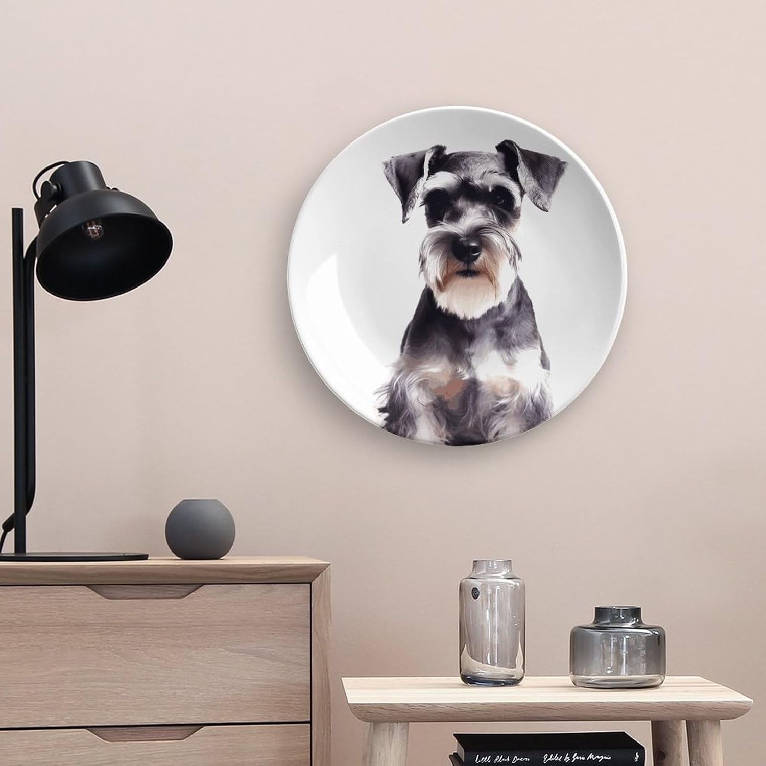 Well-behaved Schnauzer Ceramic Decorative Plate for Office Decor, Chinese Style Decorative Dish with Stand, Dinner Dish Decorative Plates for Wall Hanging Bone Collections Plates 10inch