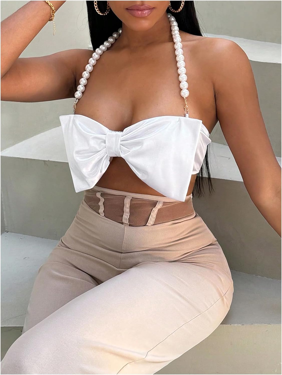 SOLY HUX Women's Pearls Beaded Halter Bow Front Cami Crop Tops Sexy Camisole - Image 5