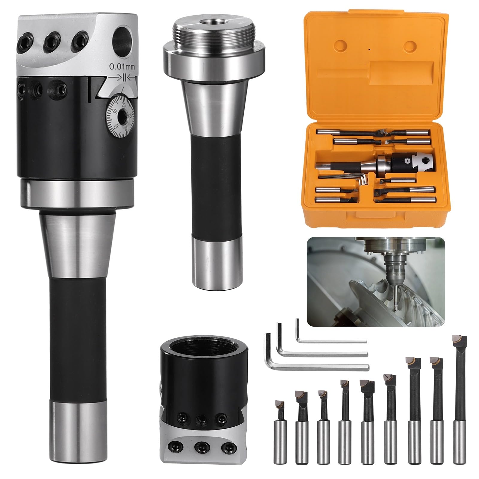 Tideme 2" Boring Head Set, Including a R8 Shank, 9 Pcs 1/2" Carbide Boring Bars, and 3 Pcs Allen Wrenches, Boring Head Milling Set with Carry Case, Lathe Tools Kit, Milling Machine Accessories