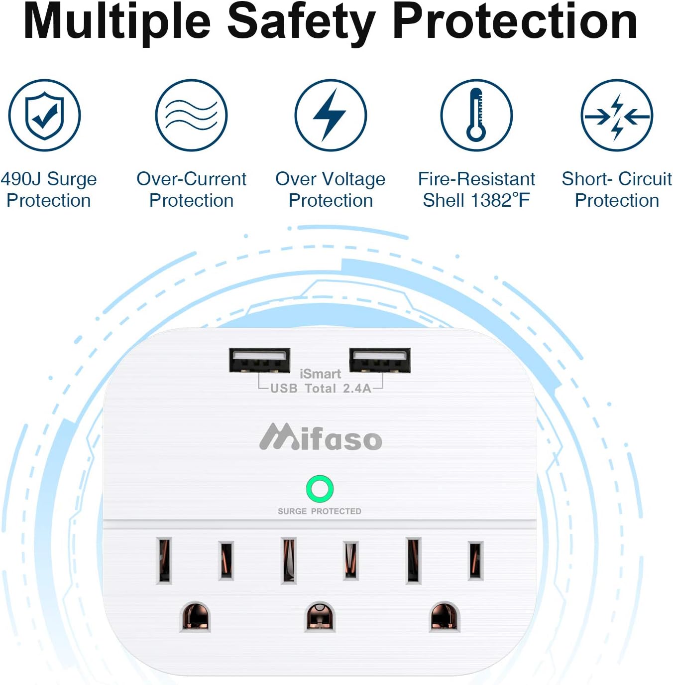 3 Outlet Surge Protector, Multi Plug Outlet Extender with 2 USB Wall Charger (Smart 2.4 A), Outlet Wall Adapter Power Strip for Travel Home, School, Office - 490Joules White