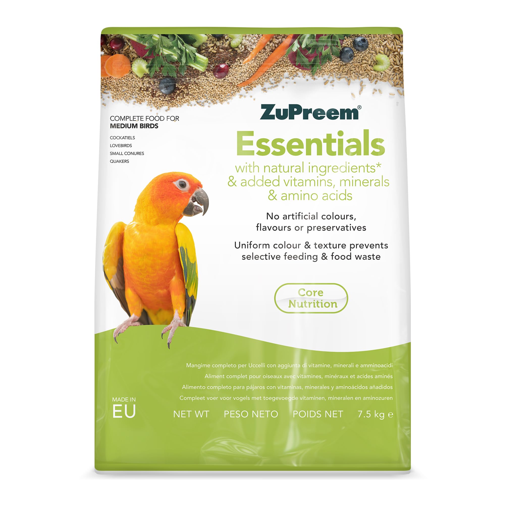 ZuPreem Essentials - Mangime per uccelli da compagnia, ingredienti naturali, mangime per uccelli indicato per agapornis, ninfe, You-Yous o arantigas e altri uccelli di medie dimensioni, 7,5 kg
