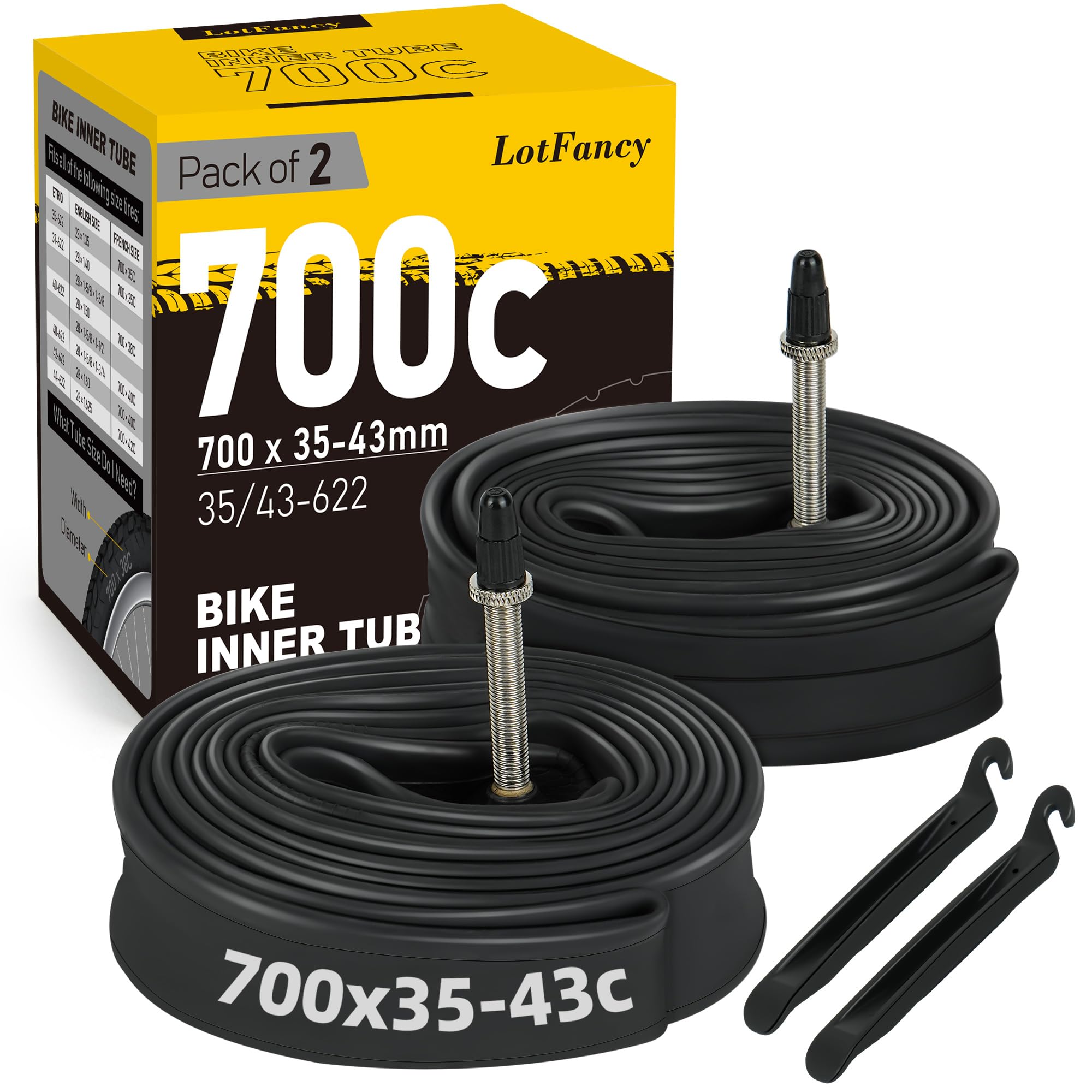LotFancy 700C Bike Tubes, 2Pcs 700x35/43c Road Bike Tube (35/43-622),700x35C 700x38C 700x40C 700x42C 700x43C Bicycle Tire Tubes, 40-622 28" x 1-5/8 x