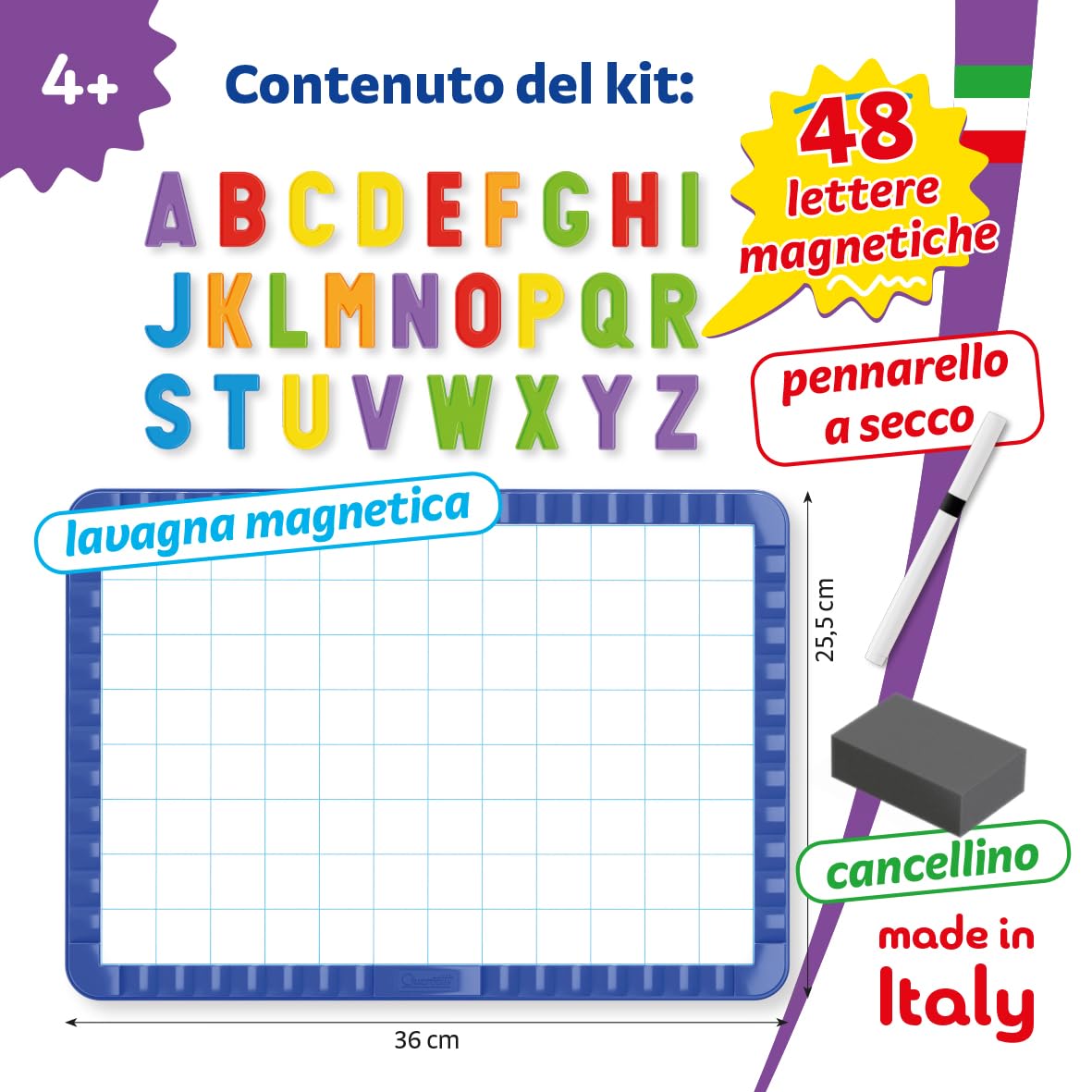 Quercetti Magnetino Letters Basic, Lavagna Magnetica per Bambini con 48 Lettere Magnetiche per Bambini, Gioco Educativo 4 Anni per Imparare l’Alfabeto, Made in Italy