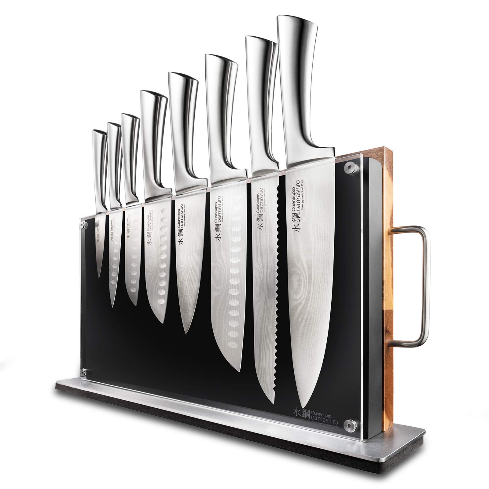 Cuisine::pro Damashiro Bodo 10 Piece Knife Block with Chopping Board - Includes Chefs and Bread Knife, 6.5in 5.5in and 5in Santoku, 6in Mini Chef, 4.5in Utility Knife, and 3.5in Paring Knife