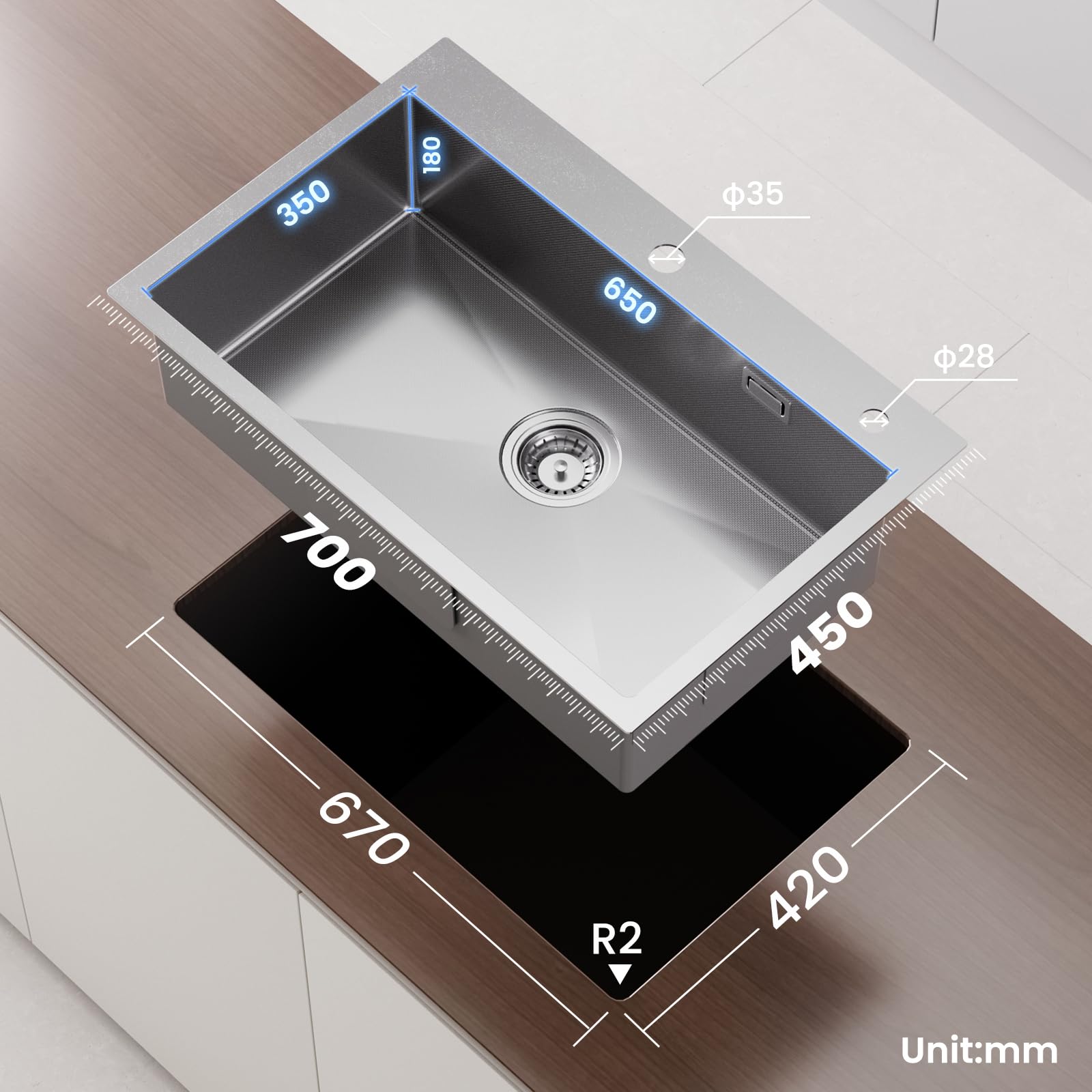 CECIPA 70x45 cm Lavello Cucina con Arco Rubinetto Cucina Estraibile, Lavandino Cucina 1 Vasca in Acciaio Inox con cestello scolapiatti, per Mobile da 70cm