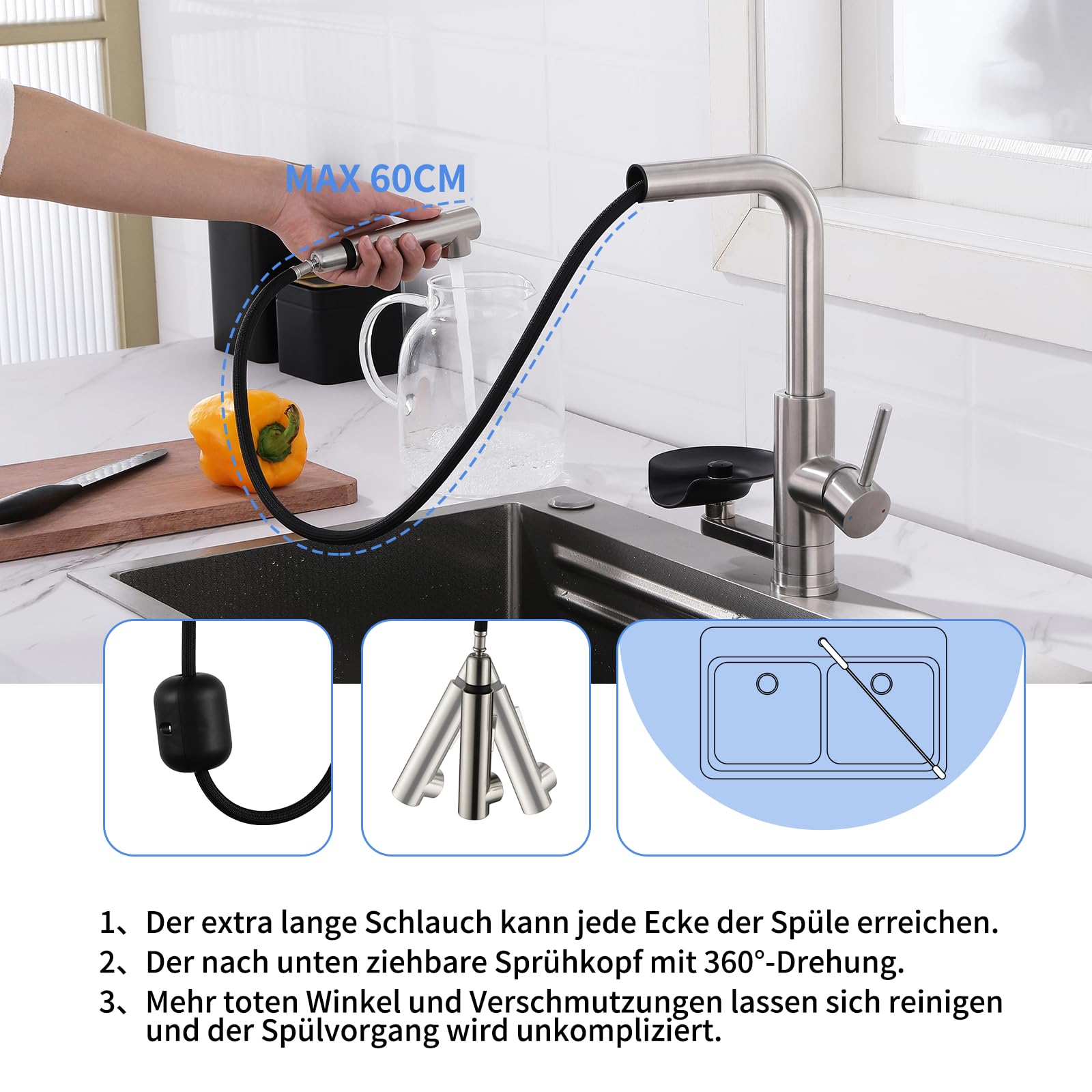 Wasserhahn Küche Ausziehbar Küchenarmatur mit Glasspüler, Dual-Auslauf | LakeBayMZC Küchenarmaturen Armatur Küche Mischbatterie Spültischarmatur, 360°-Drehung, 304 Edelstahl Gebürstet Silber