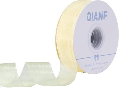 QIANF 1 Inch Ivory Cream Sheer Organza Ribbon 50 Yards Tulle Ribbon for Wedding Invitations Bridal Flower Bouquets Gift Wrapping Baby Shower Christmas Tree Decor Bows DIY Crafts