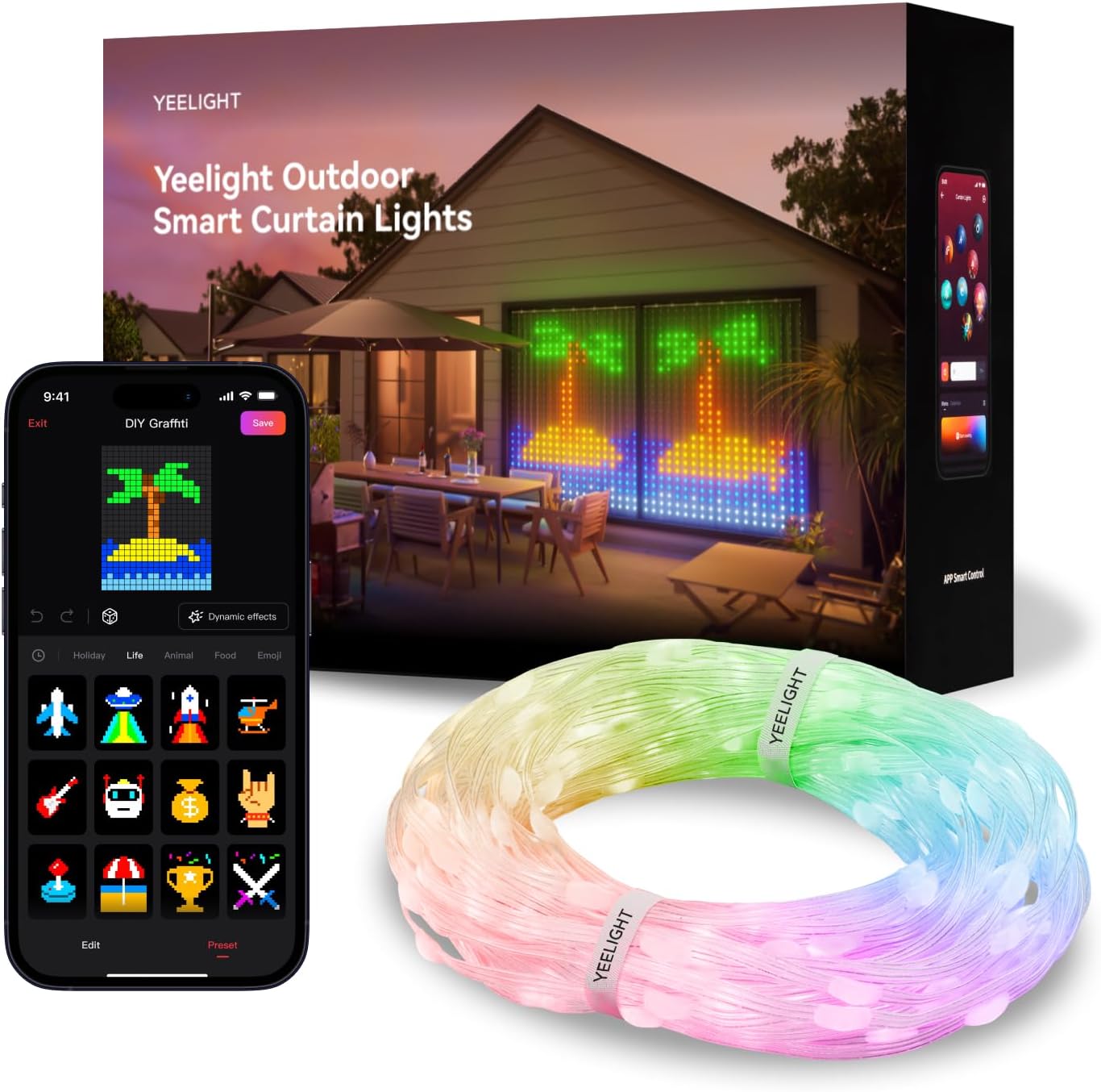 YEELIGHT Smart Curtain Lights packaging with a smartphone displaying the Yeelight app interface.