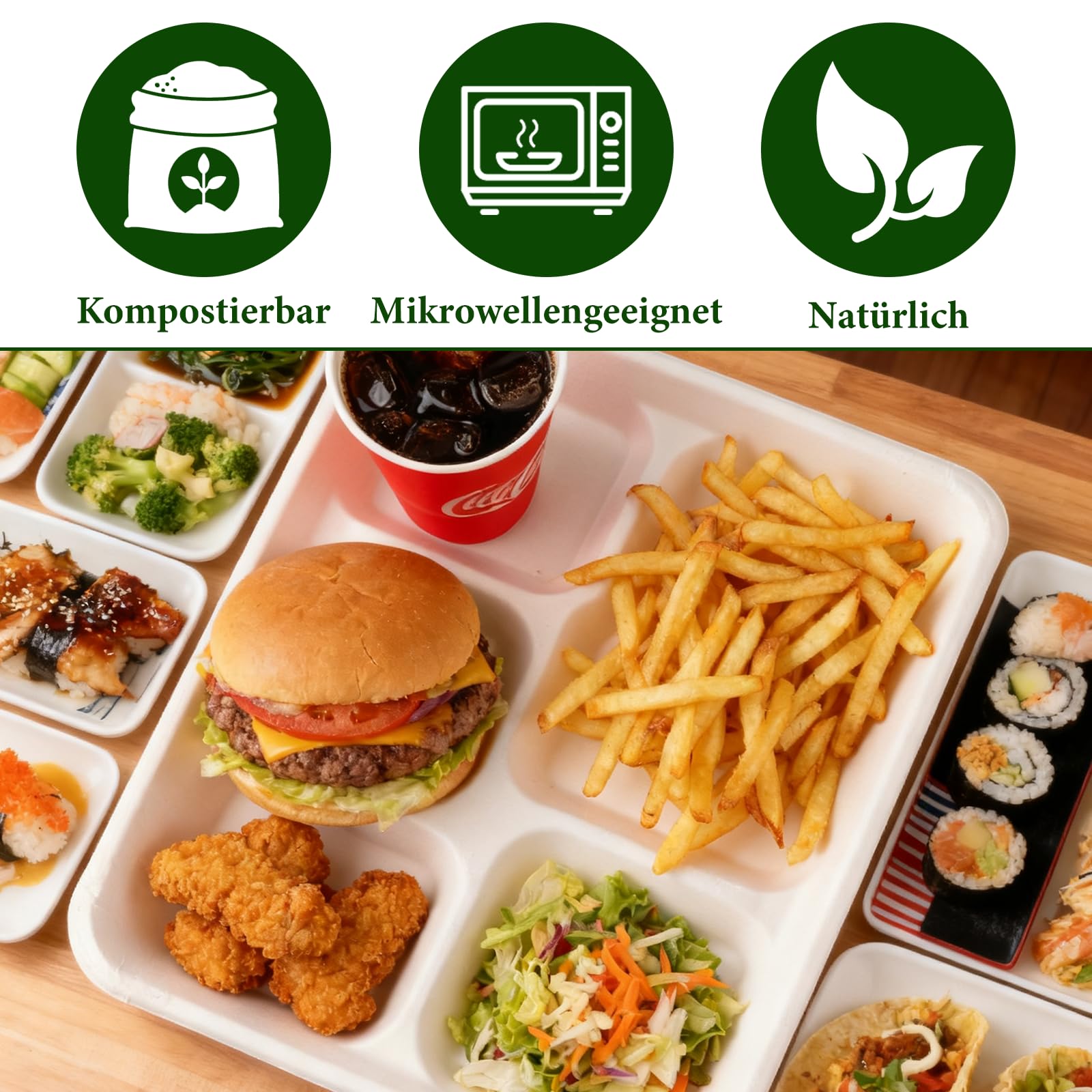 YOUNTHYE 150 piatti usa e getta, 5 pezzi, colore chiaro, piatti di carta, rettangolari, usa e getta, in materiale naturale, per catering e Meh