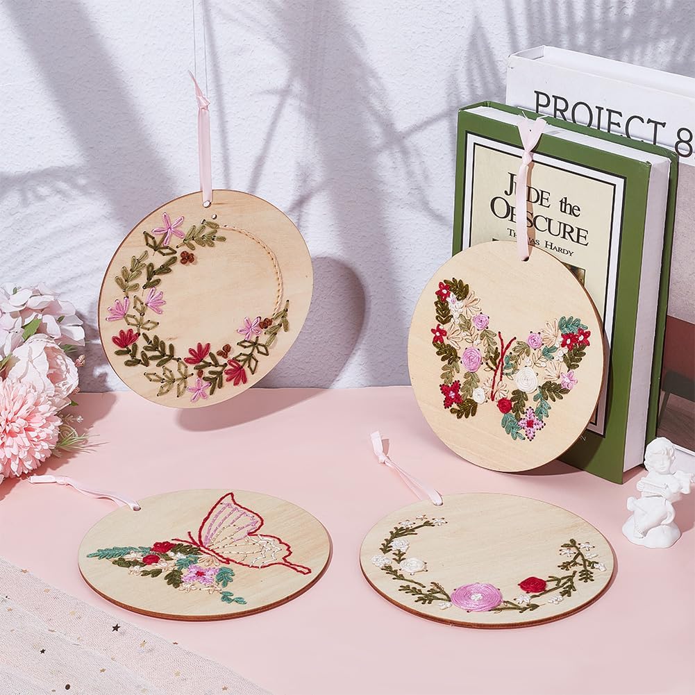 WEBEEDY 4 Sets Wood Stitched String Art Kit with Floral Butterfly Pattern for Beginners, DIY Wooden Cross Stitch Ornament Kits Needlepoint Embroidery Set Home Hanging Decor Gift