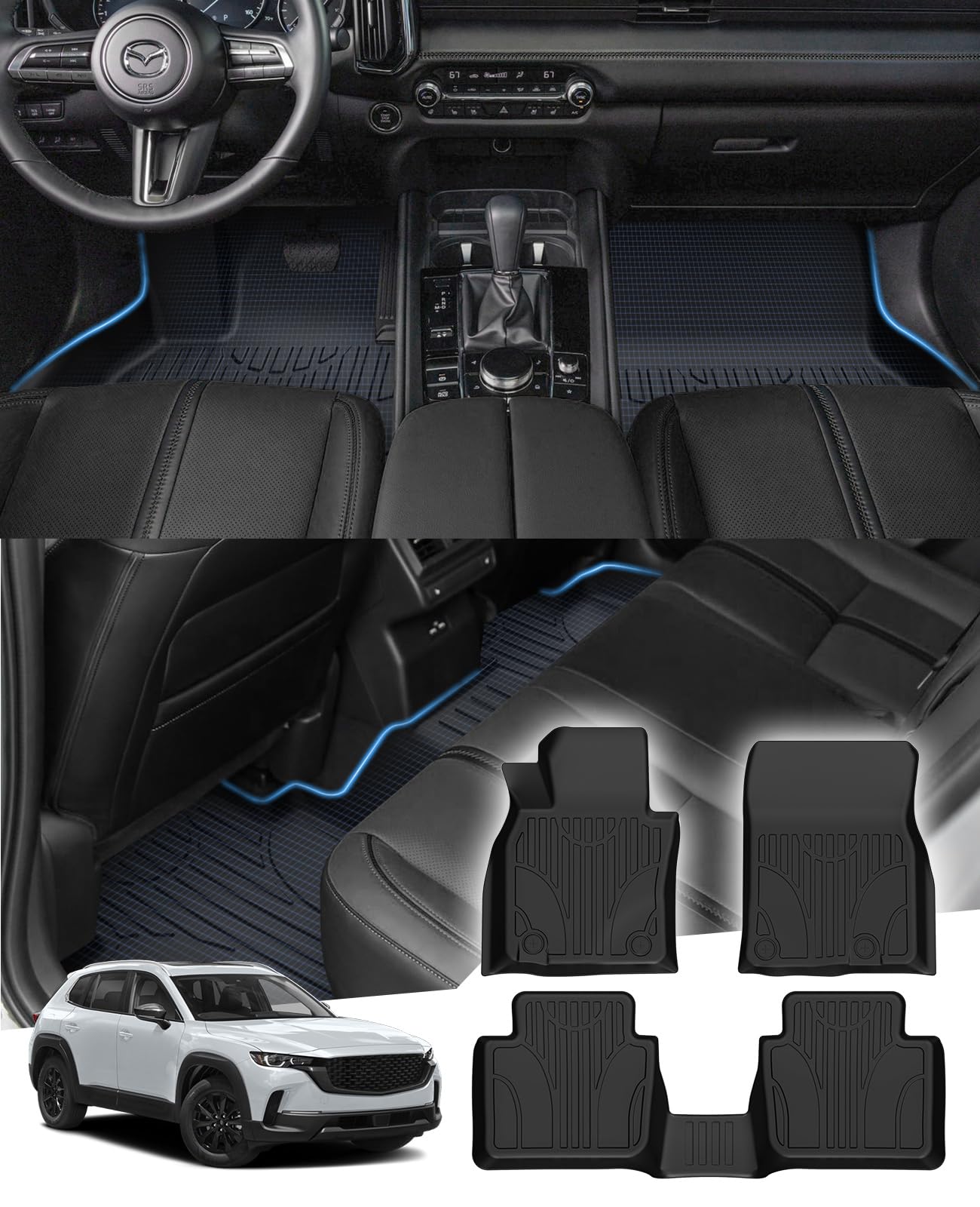 Floor Mats for 2023 2024 2025 Mazda CX-50 Rubber Liners All Weather Odorless Anti-Slip Automotive Floor Liners 1st&2nd Row Full Set Car Mats for 2025 Mazda CX-50 Accessories Black