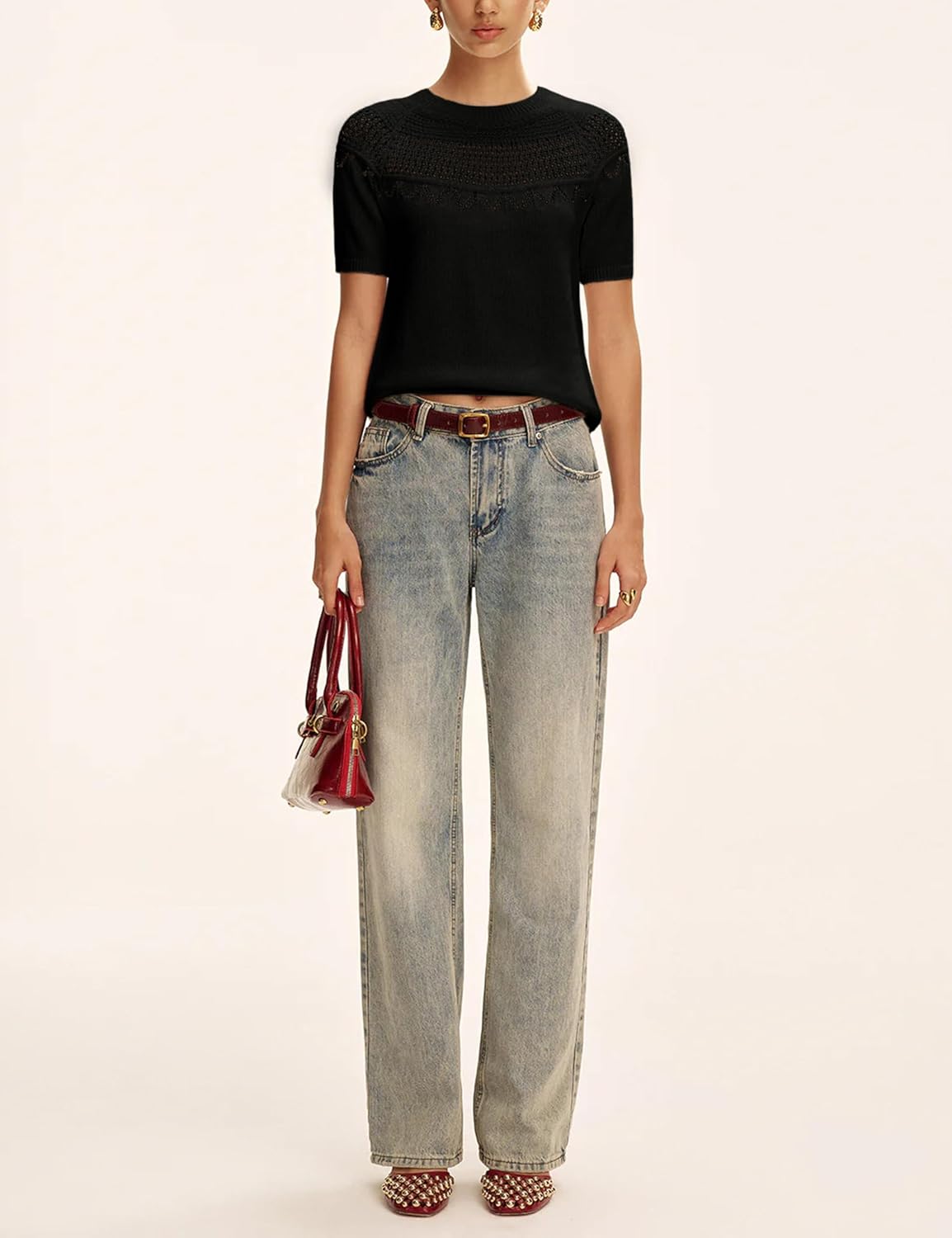 Yeokou Womens Short Sleeve Sweater Round Neck Eyelet Knit Crochet Pullover Summer Fall Casual Top Blouse - Image 8