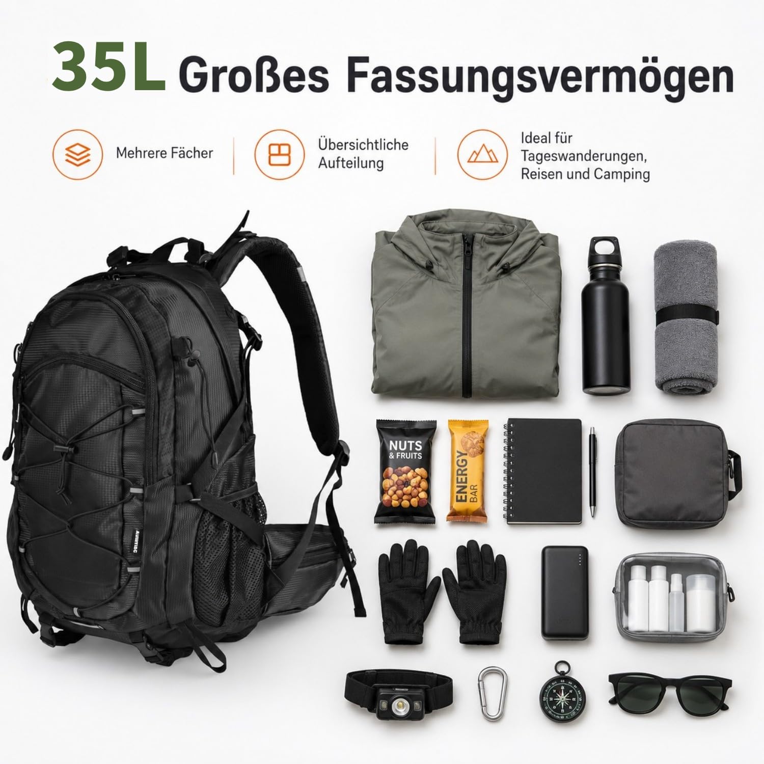 Sac à dos de randonnée 35 l pour homme et femme, sac à dos de trekking pour l'extérieur, le camping, la randonnée et les voyages