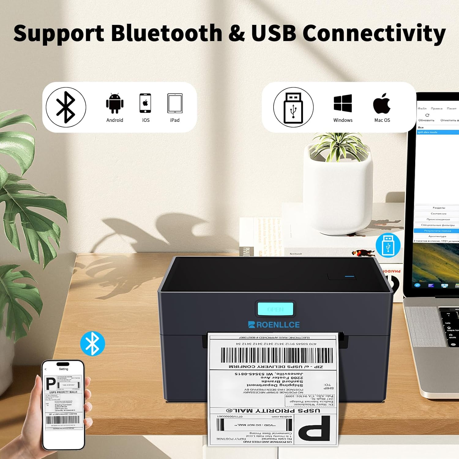 Roenllce label printer showing Bluetooth and USB connectivity options for various devices.