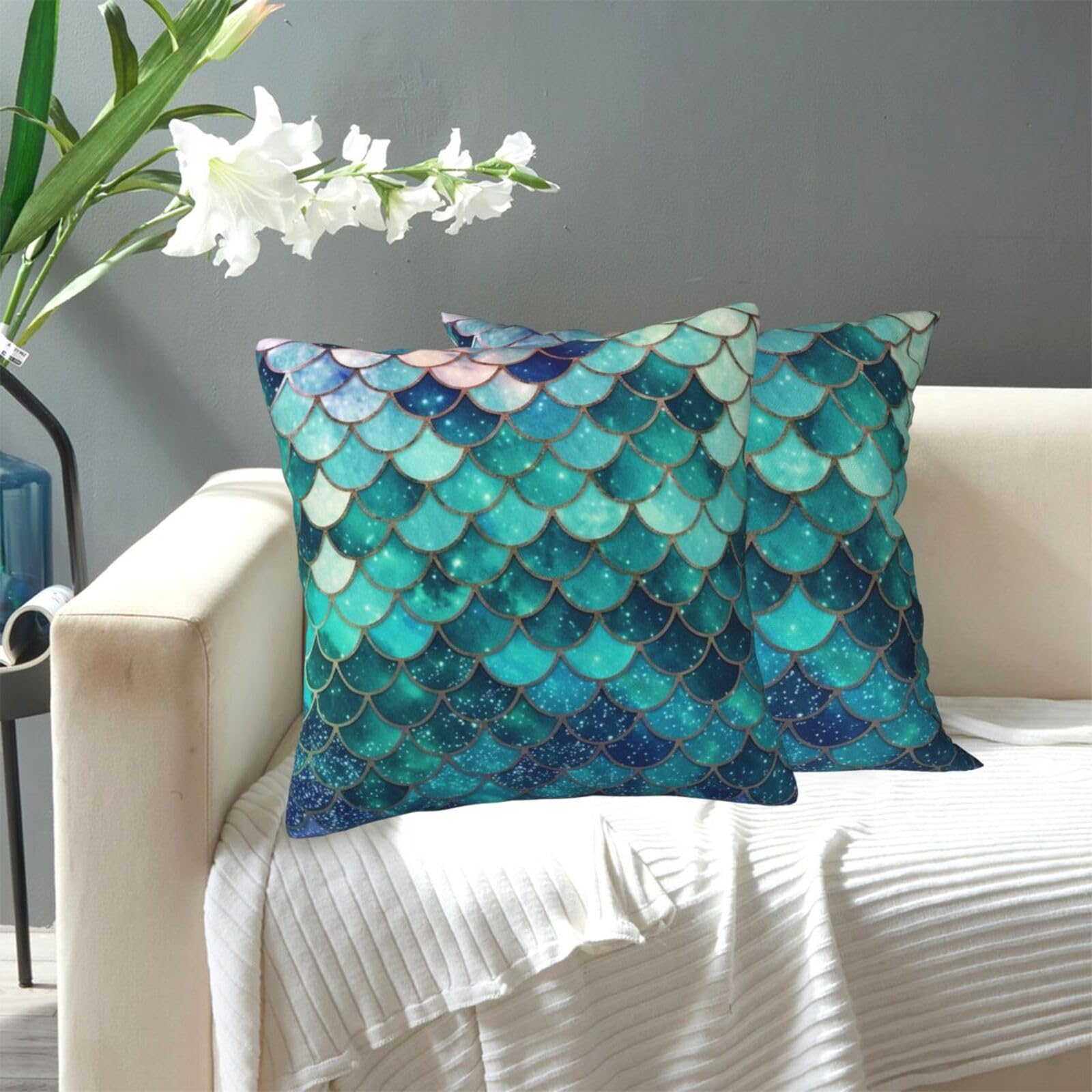 FekiLoot Decorative Throw Pillow Covers Modern Farmhouse Pillowcase Double Sided Cozy Cushion Cover for Sofa Couch Bed 20"X20" Mermaid Fish Scale Print