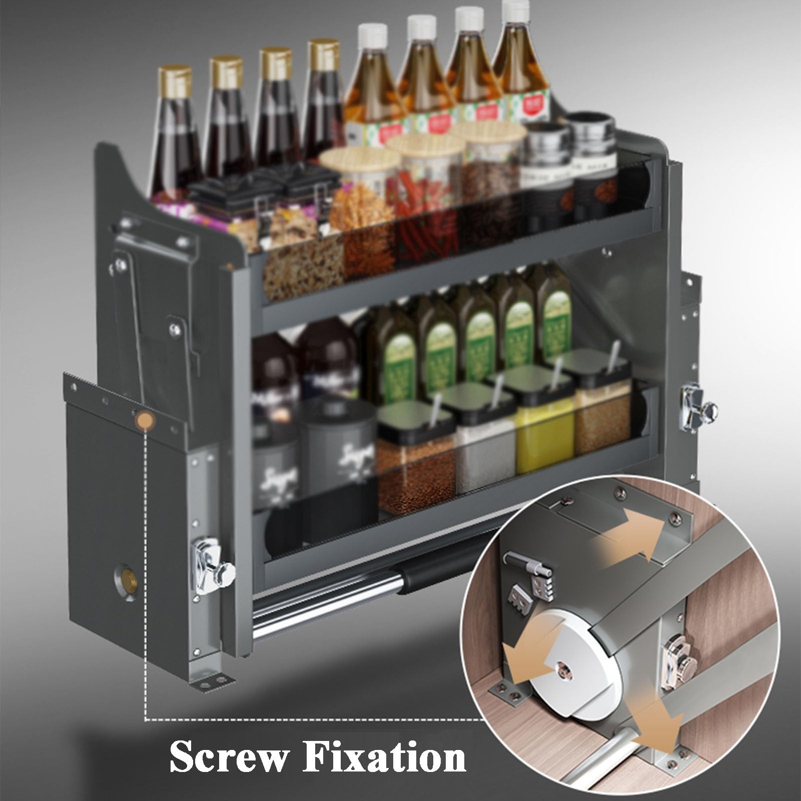 Wysuwany Organizer Do Szafki, 2-Poziomowa Półka Kuchenna, Wytrzymały Stojak Na Przyprawy Do Szafek Agd Z Podnoszonymi Drzwiami,Black-Cabinet 750mm