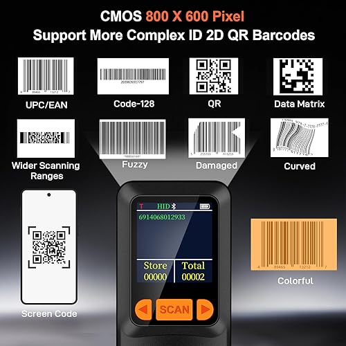 Miniatura 5 de KUIIYER Mini escáner de código de barras Bluetooth, escáneres inalámbricos 2D QR 1D de código de barras con pantalla LCD y teclado de ajuste y voz