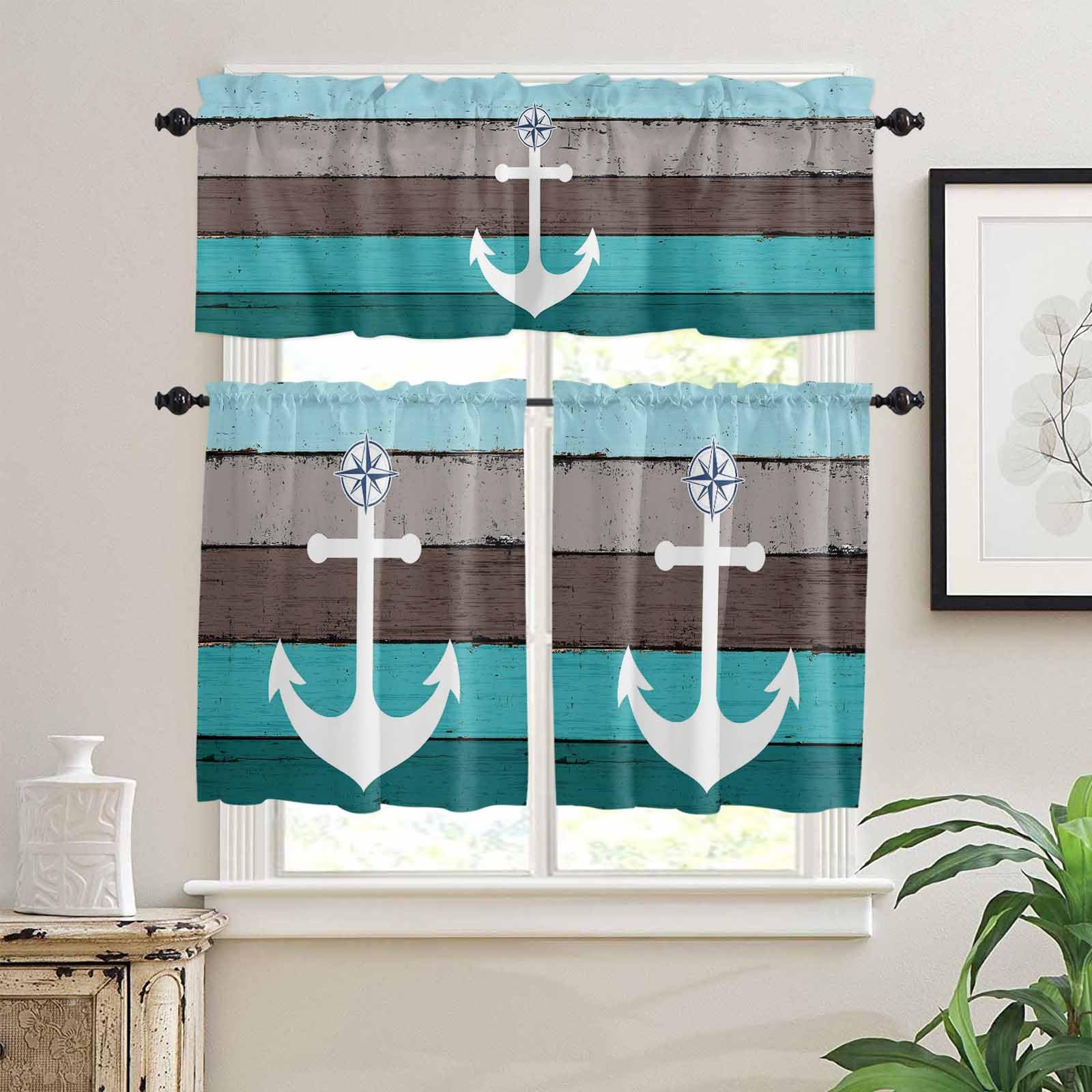 Coastal Anchor Kitchen Curtains 36 Inch Length, 3 Piece Rod Pocket Small Half Tiers and Valance Set, Turquoise Brown Country Wooden Grain Small Large Window Treatment Decor for Bedroom/Bathroom Sink