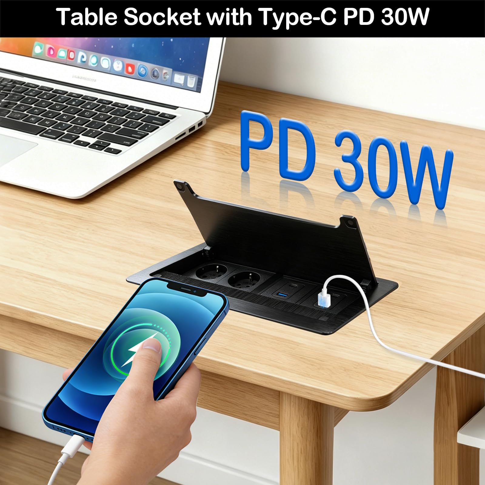 Prise Encastrable en Aluminium avec 2 Prises de Courant, 2 Ports USB-C PD 30W et 2 Ports USB-A, Multiprise Encastrable pour Cuisine, Plan de Travail et Bureau, 1.8M Câble