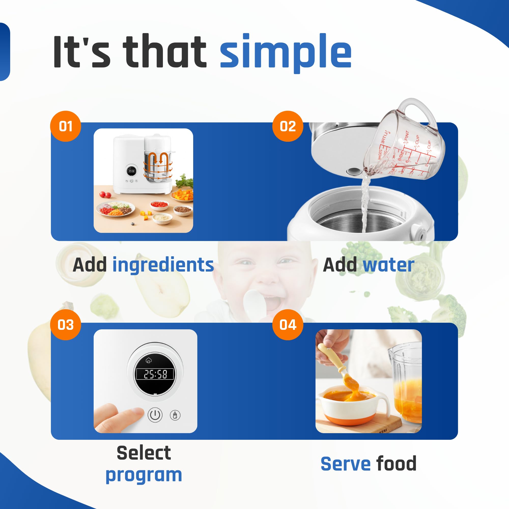 Robot culinaire pour bébé 6-en-1, Cuiseur vapeur & mixeur pour purée, mélange, cuisson, réchauffage, décongélation & stérilisation, Bol inox 300 ml, 2 gobelets de conservation inclus, Sans BPA
