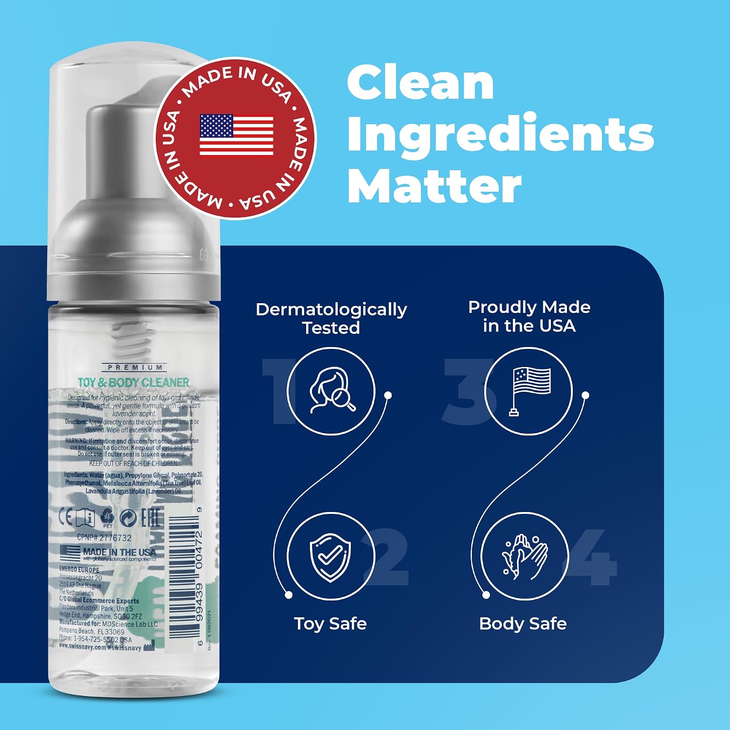 SWISS NAVY Premium Toy & Body Foaming Cleaner - 1.6 oz - Lavender Scent