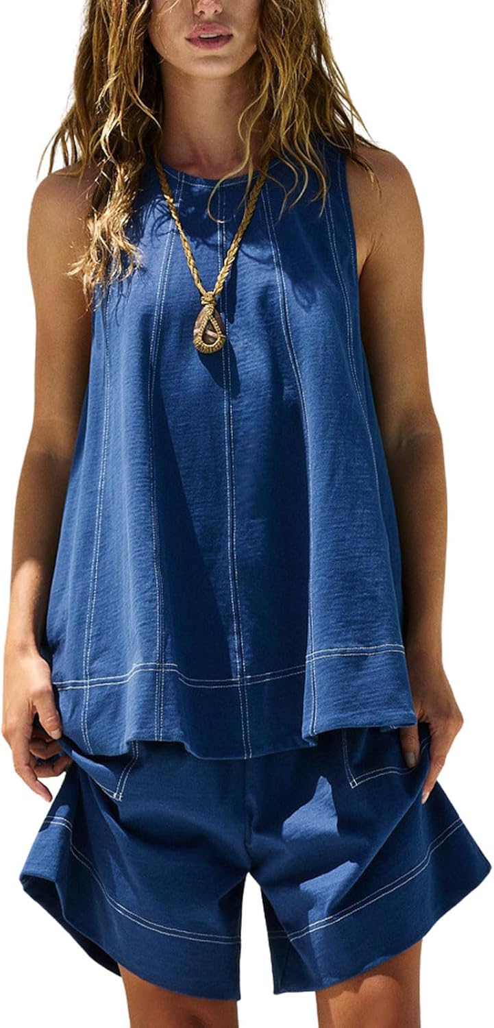 CHARTOU Women's Summer Jean Denim Shorts Sets 2 Piece Outfits Loose Sleeveless Vest Matching Sets