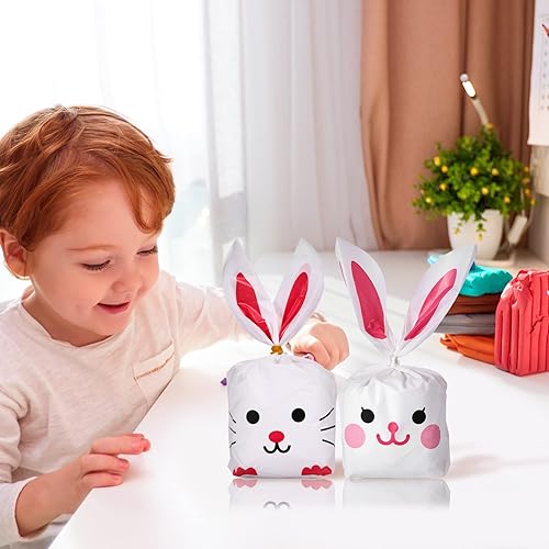 Miniatura 6 de 100 bolsas de golosinas de Pascua, bolsas de plástico para dulces de galletas de 5.11/9.05 pulgadas con 100 lazos dorados, bolsas transparentes de