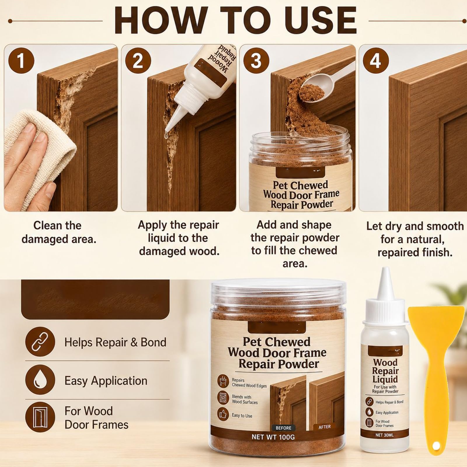 Reparatur-Set Für Holztürrahmen (Bei Bissschäden Durch Haustiere) (3)