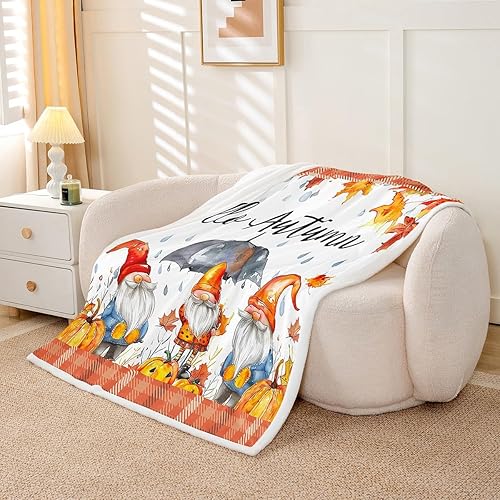 Miniatura 3 de Manfei Manta de gnomos de otoño, calabazas, girasol, hojas de arce, manta de cama para niños y niñas, manta de cosecha de otoño para sofá, manta de