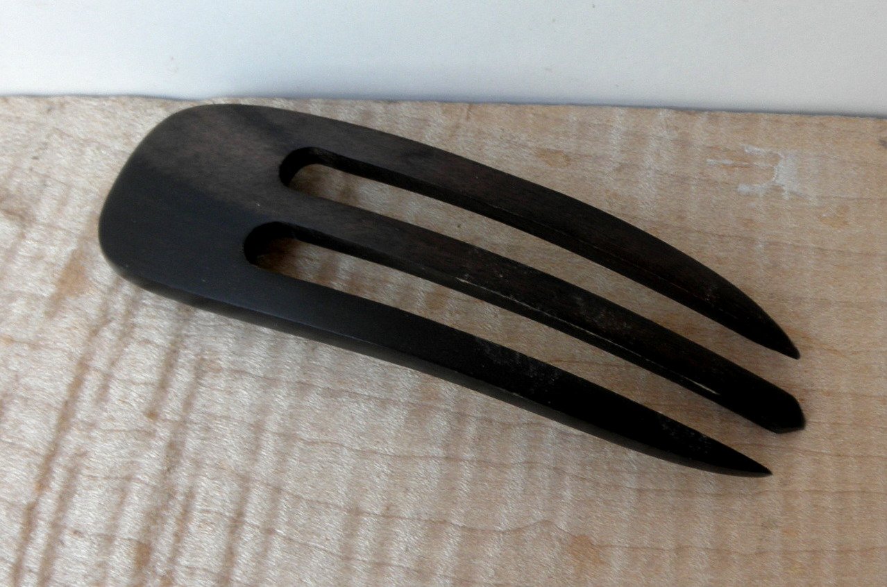 (1) Ebony Wood Three Prong Curved 4.5 Inch Hair Stick Pick Pic Pin Fork