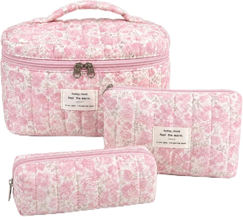 Conjunto Teiniuby com 3 necessaires florais para maquiagem, estojos acolchoados rosa