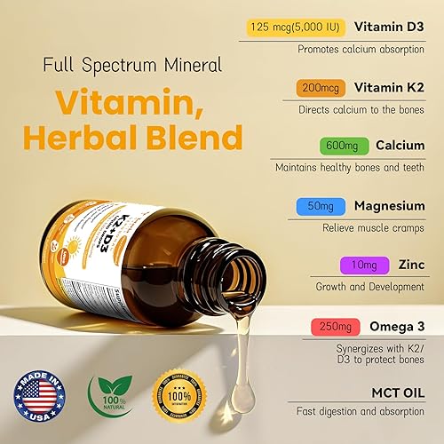 Miniatura 2 de Suplemento líquido liposomal de vitamina D3 K2 gotas con aceite MCT, Omega 3 - (5000 UI) D3 + (200 MCG) K2 fuerza ósea con calcio, magnesio y zinc