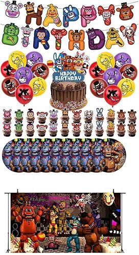 Juego de 53 piezas de decoración de suministros de fiesta de Five Nights, 1 pancarta de cumpleaños, 10 platos, 25 decoraciones para pasteles, 16