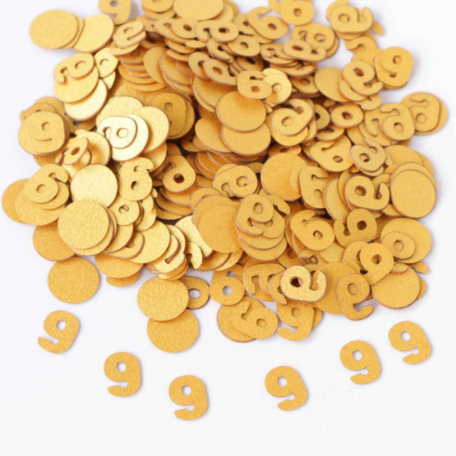 Gold 9th Birthday Table Confetti with Circles - Pearlescent Card Decorations for Age, Bday, Anniversary or Milestone Party - Scatter or Sprinkle